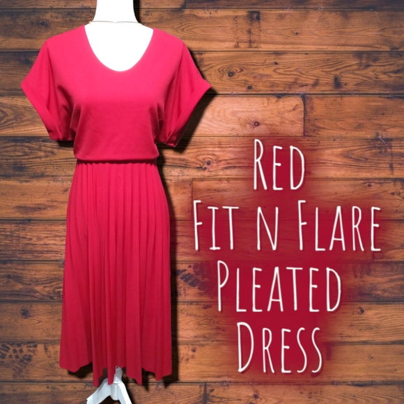 Red Pleated Fit and Flare Midi Dress with short sleeves and "V"  Neckline. - Picture 5 of 5